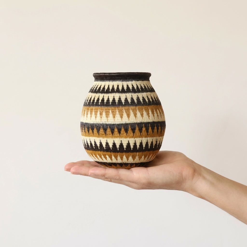 Small geometric woven basket with triangular patterns by Wounaan artisans from Panama Darién rainforest