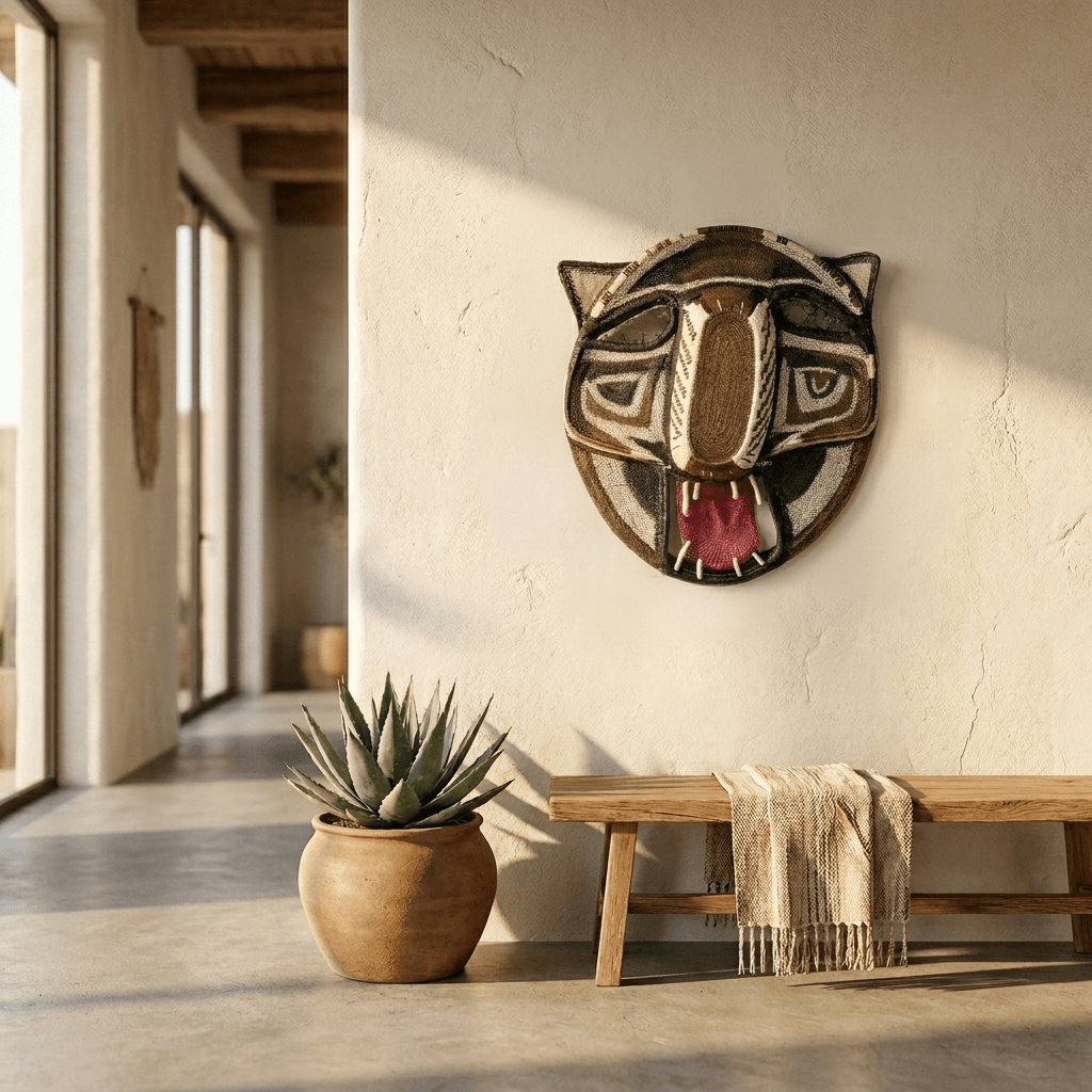Embera laughing cat woven mask displayed on modern tribal home wall as indigenous rainforest art