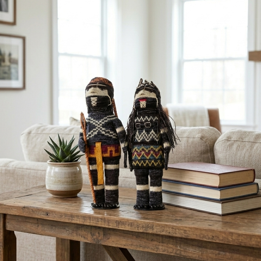 Two woven Embera dolls with patterned bodies displayed on a wood table with books