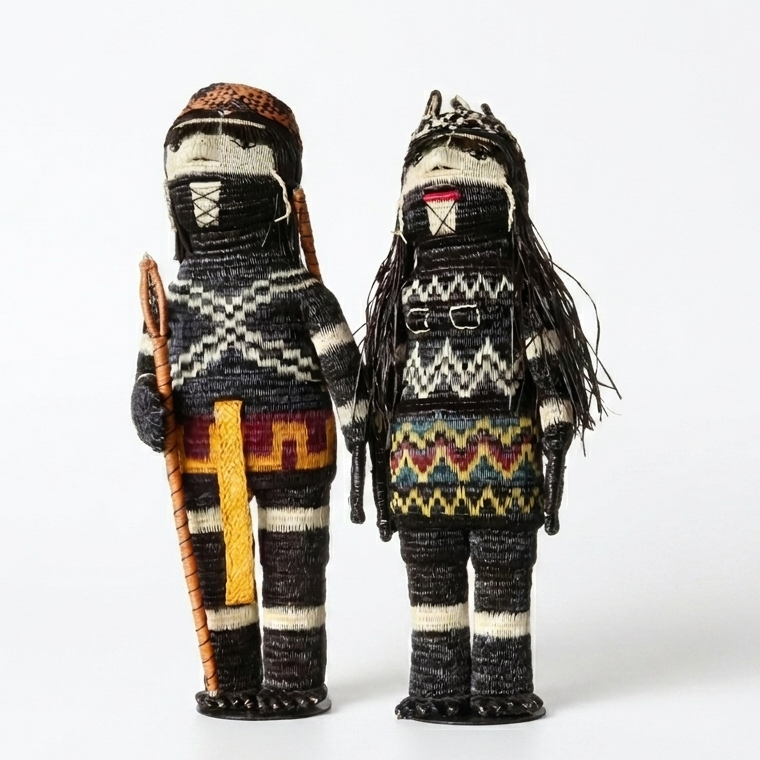 Handwoven Emberá Cunana muñeca pair — “The Hunter” shown with its woven companion “She Who Gathers”, palm-fiber figures from Panama