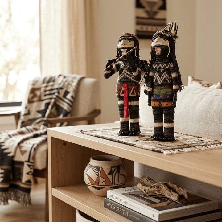 The Keeper and The Flute Player, a pair of handwoven Cunana munecas styled together in a room