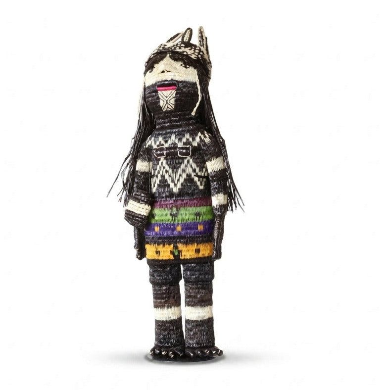 The Keeper, female Cunana muneca with feather headdress and black-and-white basket