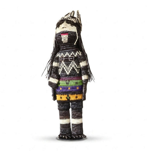 “The Keeper” handwoven Emberá Cunana muñeca, female provider figure with a feather headdress and black-and-white basket, front view
