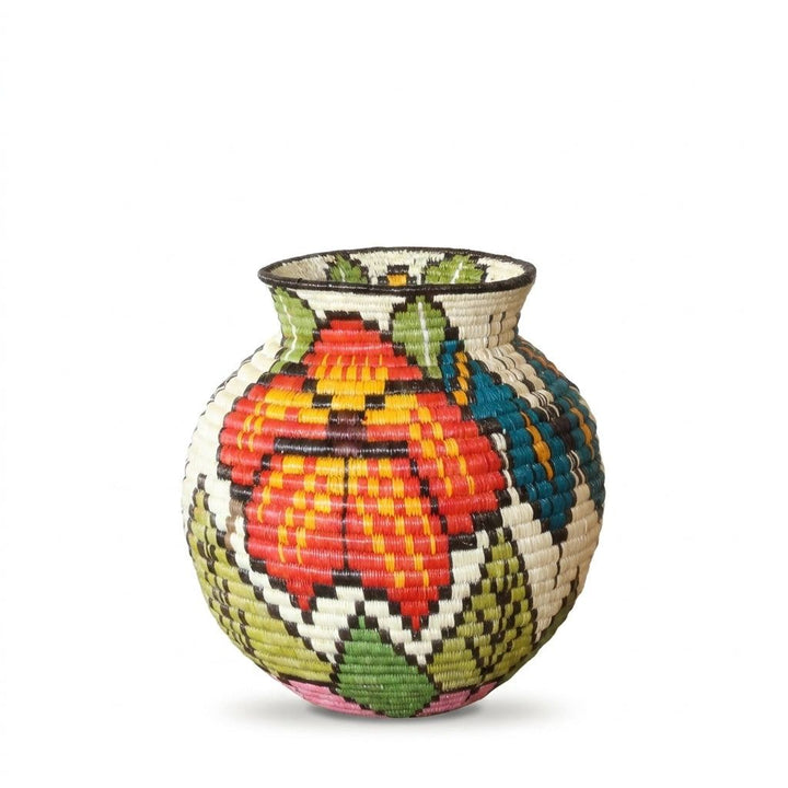 Mini handwoven Wounaan basket with scarlet and marigold blossom, teal accents and green leaves, Darién Panama