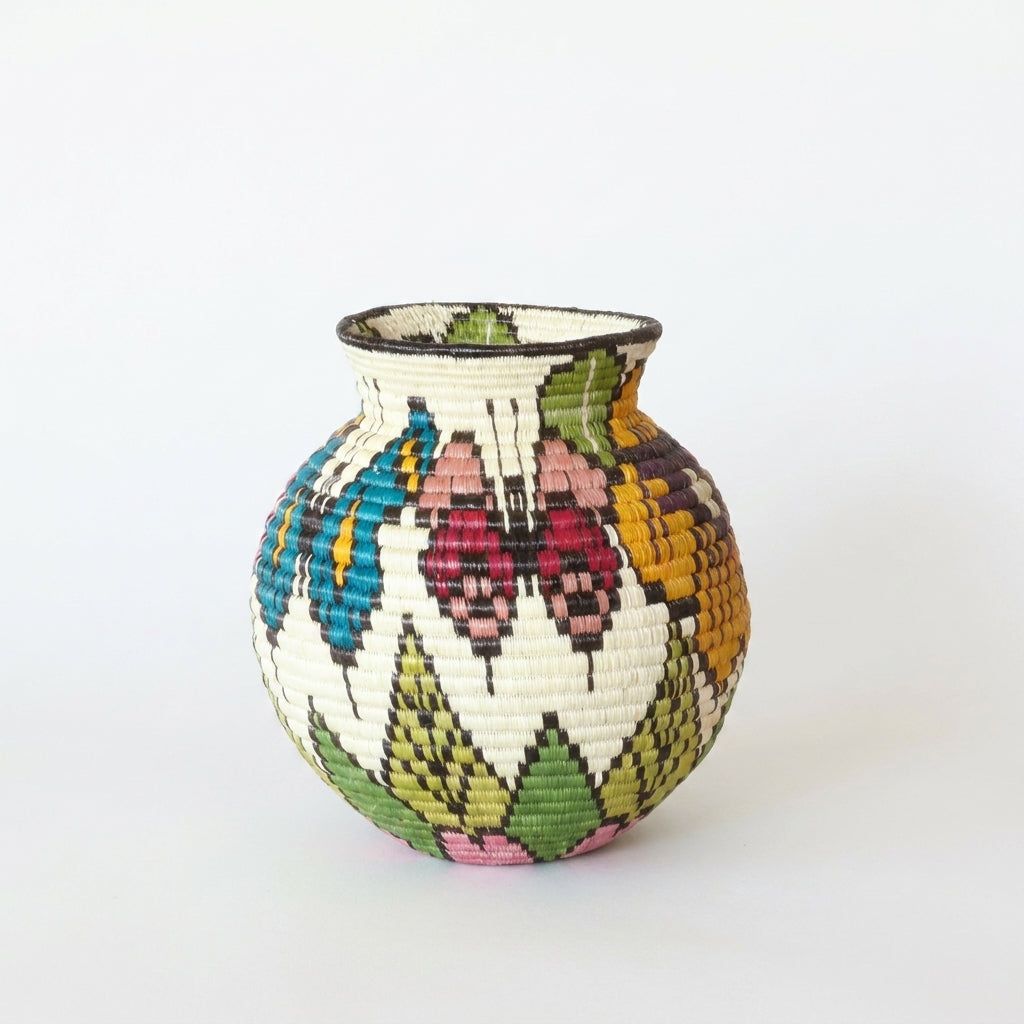 Pink and teal butterflies among green leaves on cream handwoven Wounaan basket from Panama's Darién rainforest