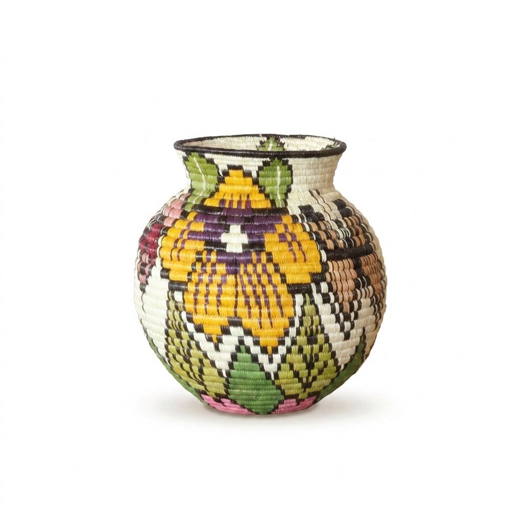 Golden blossom and pastel butterfly wings on mini Wounaan handwoven basket, colorful Panama woven art