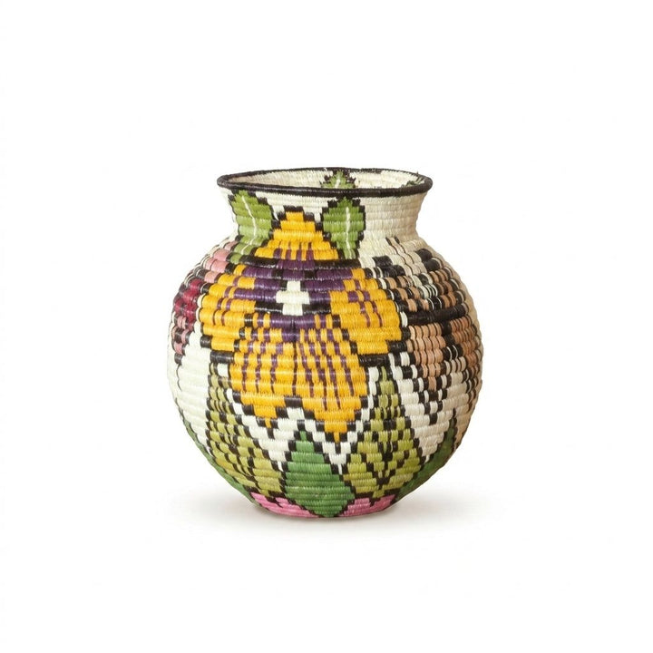 Golden blossom and pastel butterfly wings on mini Wounaan handwoven basket, colorful Panama woven art