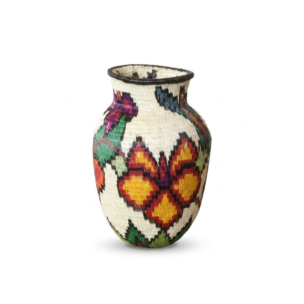Mini Wounaan handwoven basket with orange and gold butterfly, hummingbirds and green leaves on cream, Panama