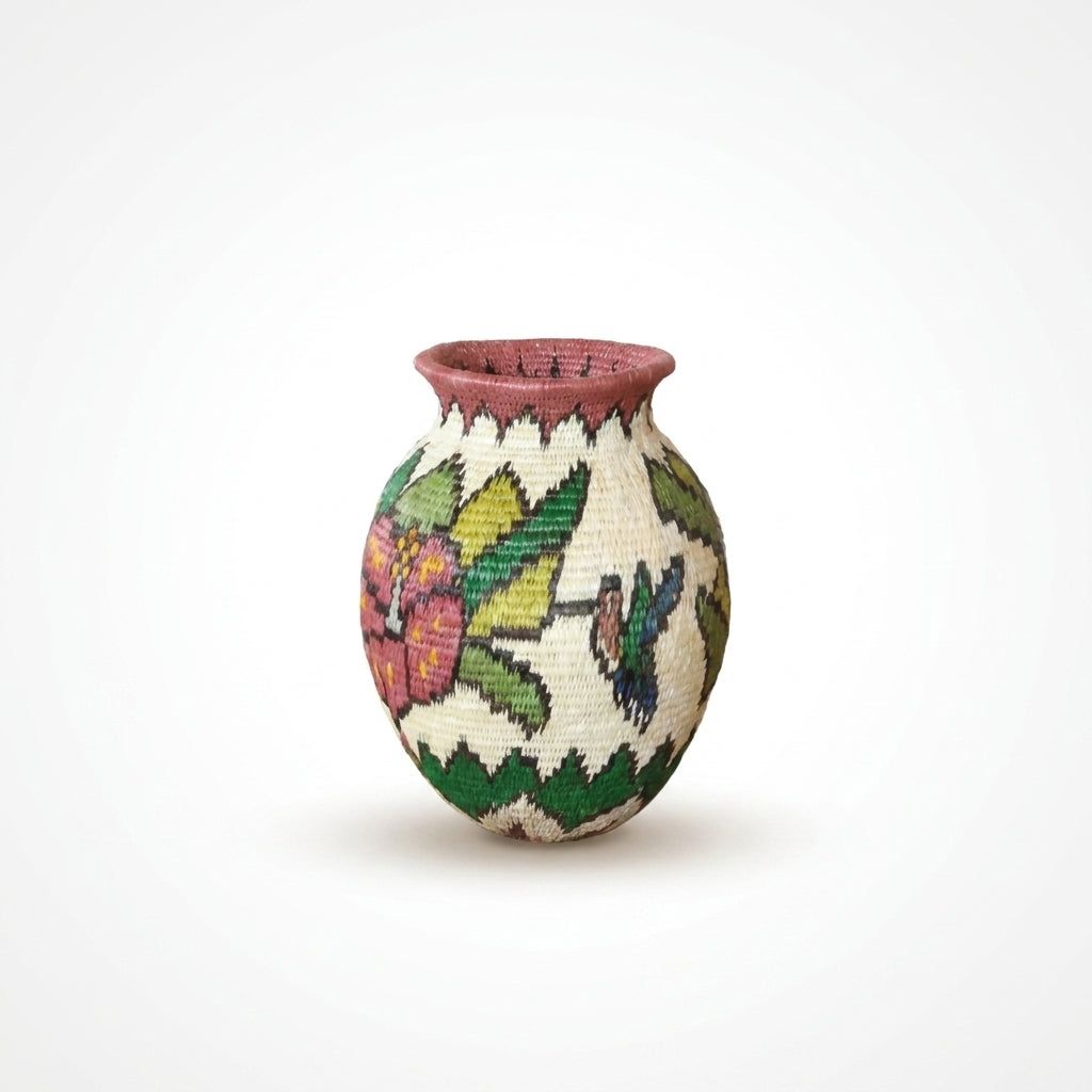 Mini Wounaan handwoven basket with pink hibiscus, blue-green hummingbird and rose rim on cream, Darién Panama