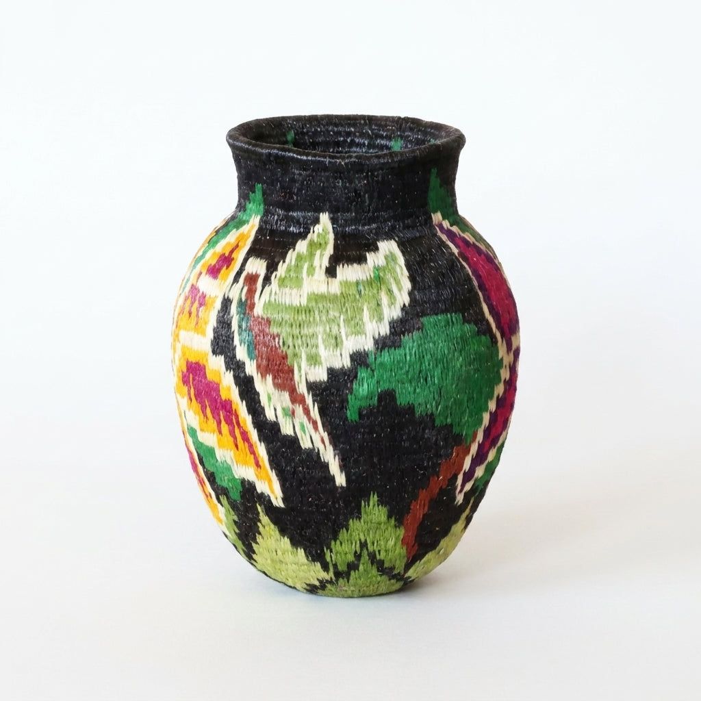 Green leaves and gold-magenta petals radiating across black handwoven Wounaan basket, Panama woven art