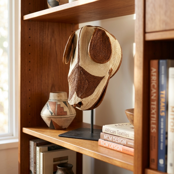 Emberá dog mask styled as wall art in a room setting