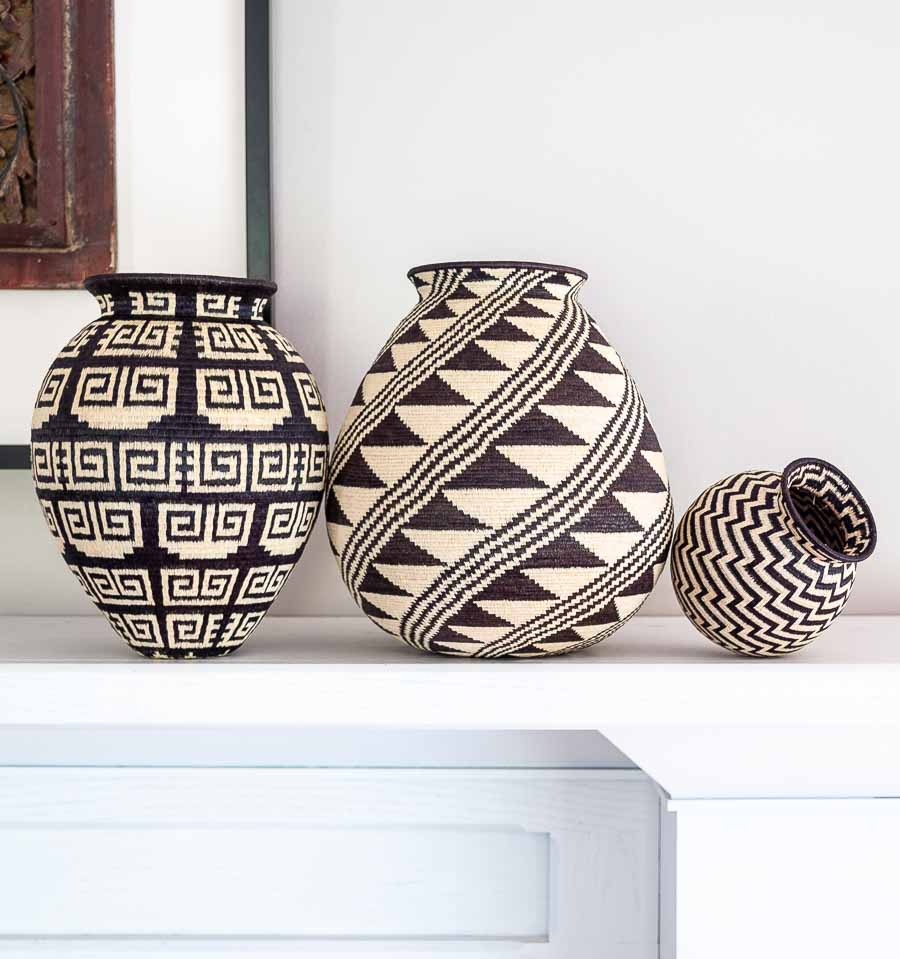 geometric basket displayed in modern shelf