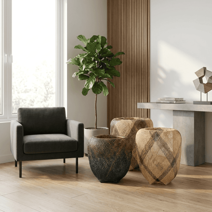 Plaited diagonal sash vessel displayed as basket accent decor in modern interior design setting