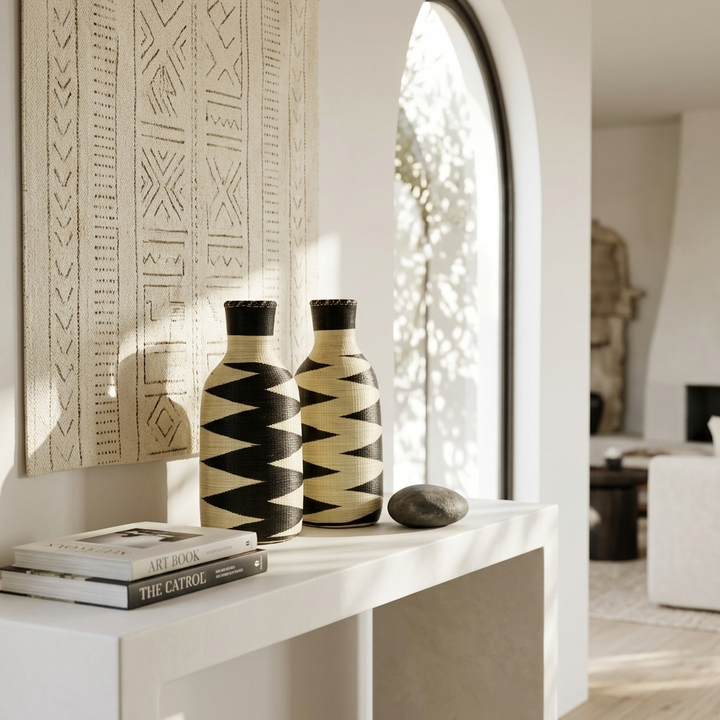 Two black and cream zigzag bottle vessels styled on a console in a sunlit niche