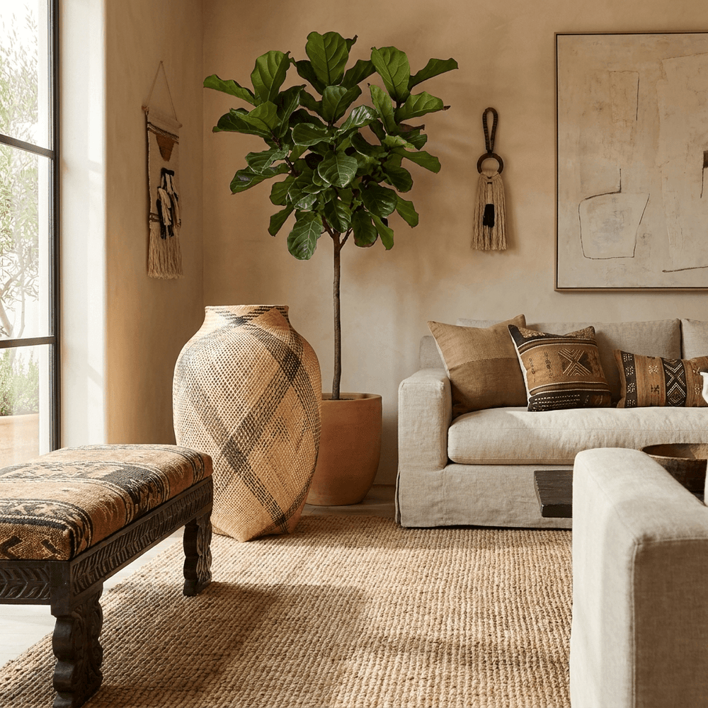 Plaited diagonal sash vessel displayed as basket accent decor in modern interior design setting