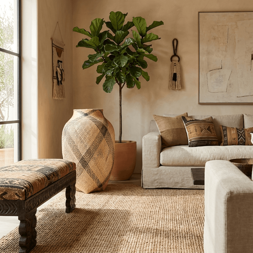 Plaited diagonal sash vessel displayed as basket accent decor in modern interior design setting