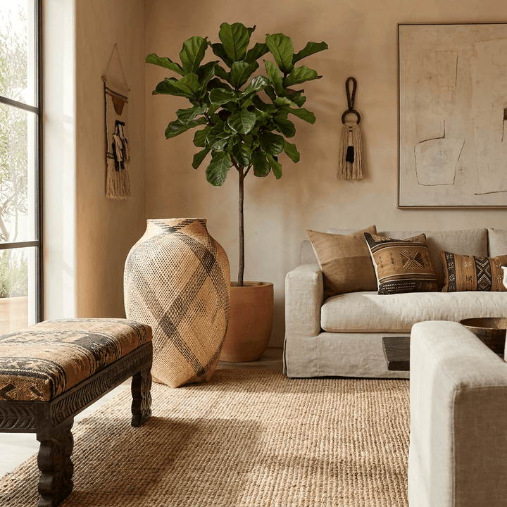 Plaited diagonal sash vessel displayed as basket accent decor in modern interior design setting