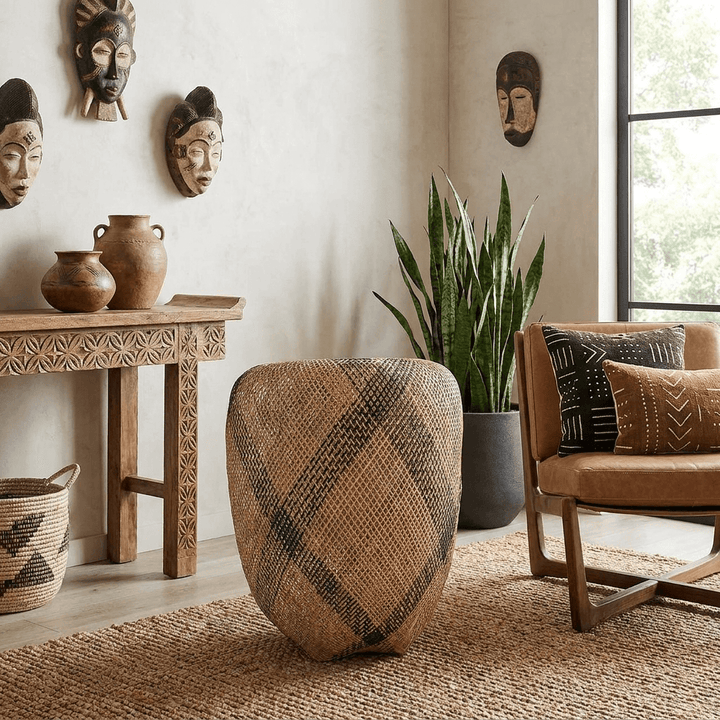 Plaited diagonal sash vessel displayed as basket accent decor in modern interior design setting