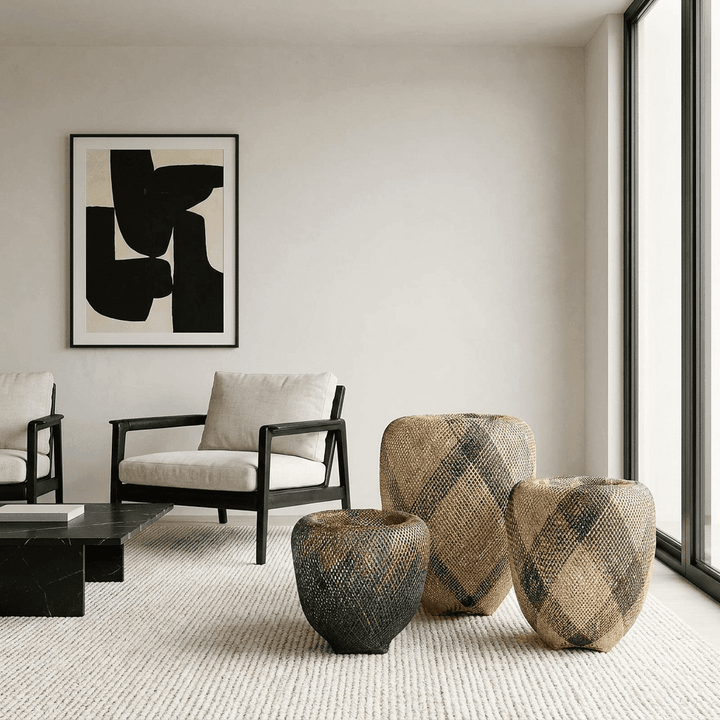 Handwoven decorative basket displayed in modern contemporary interior as statement decor