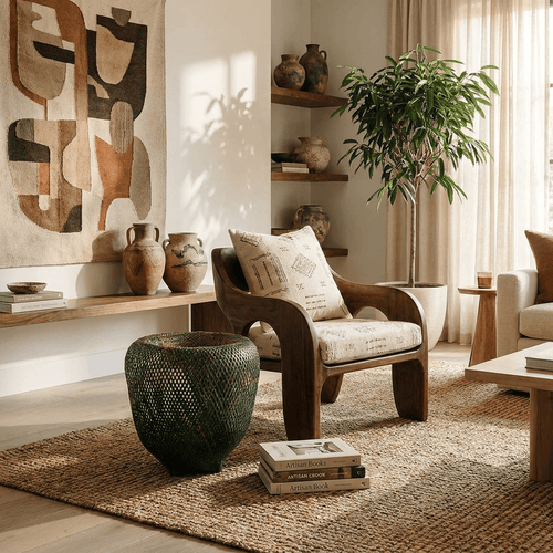 Large plaited palm fiber vessel with forest patina finish handwoven by indigenous artisans