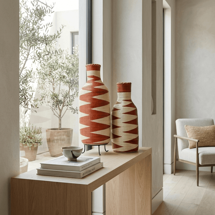 Crimson zigzag Rwandan Agaseke bottle pair — second view