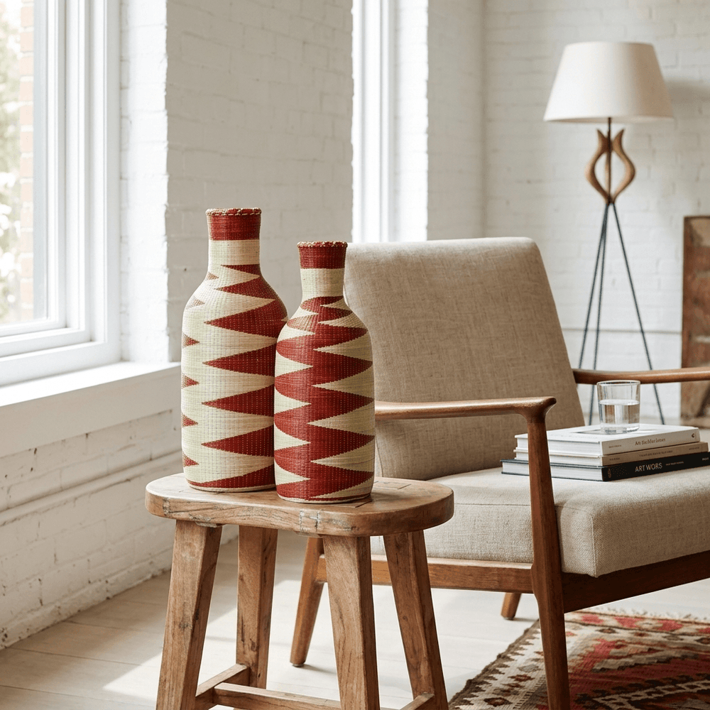 Crimson zigzag Rwandan Agaseke bottle pair II — second view