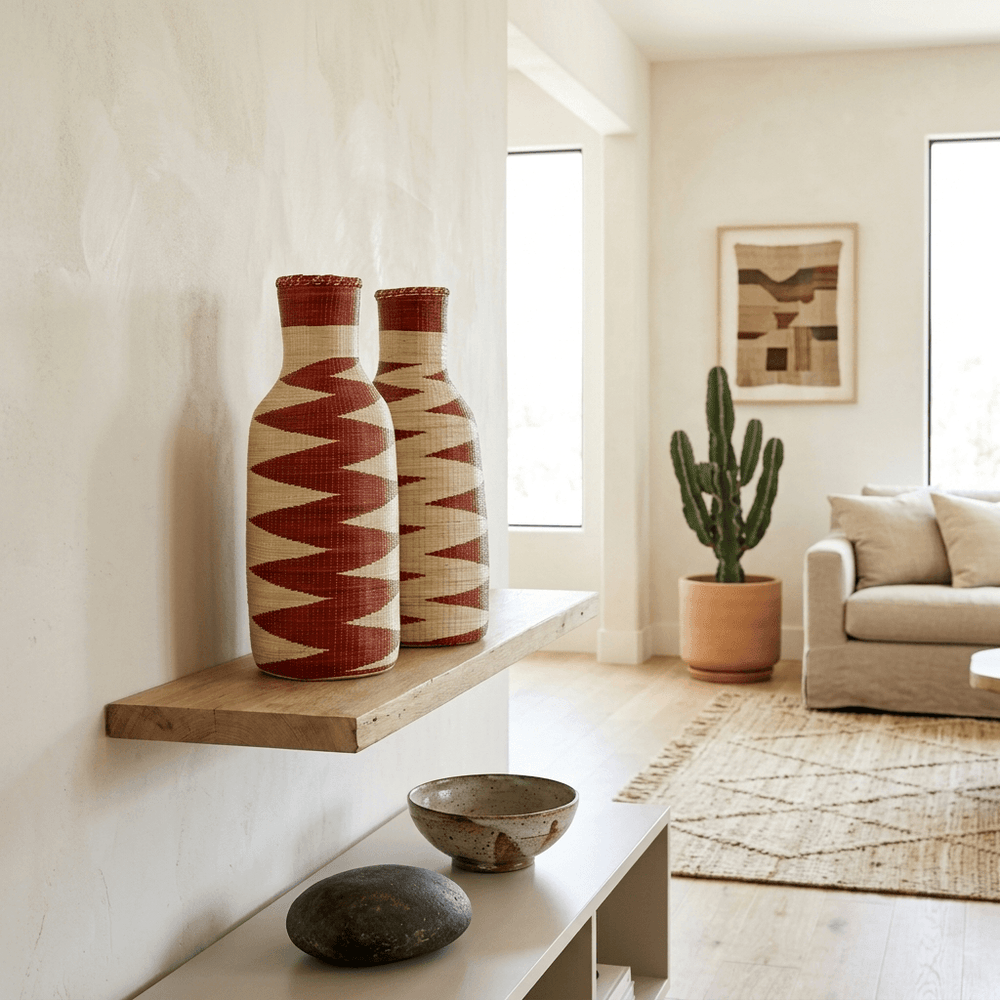 Crimson zigzag Rwandan Agaseke bottle pair III — second view