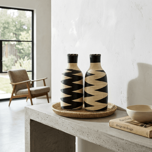 Ebony zigzag Rwandan Agaseke bottle vessel pair I — black and natural