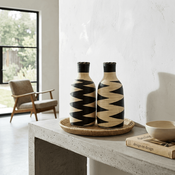 Ebony zigzag Rwandan Agaseke bottle vessel pair I — black and natural