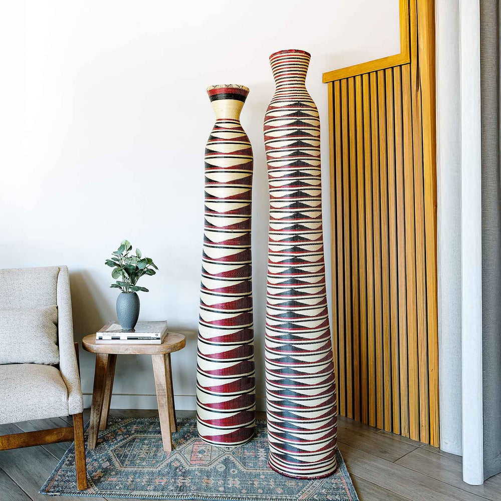 Large decorative basket displayed as statement floor art in contemporary minimalist interior