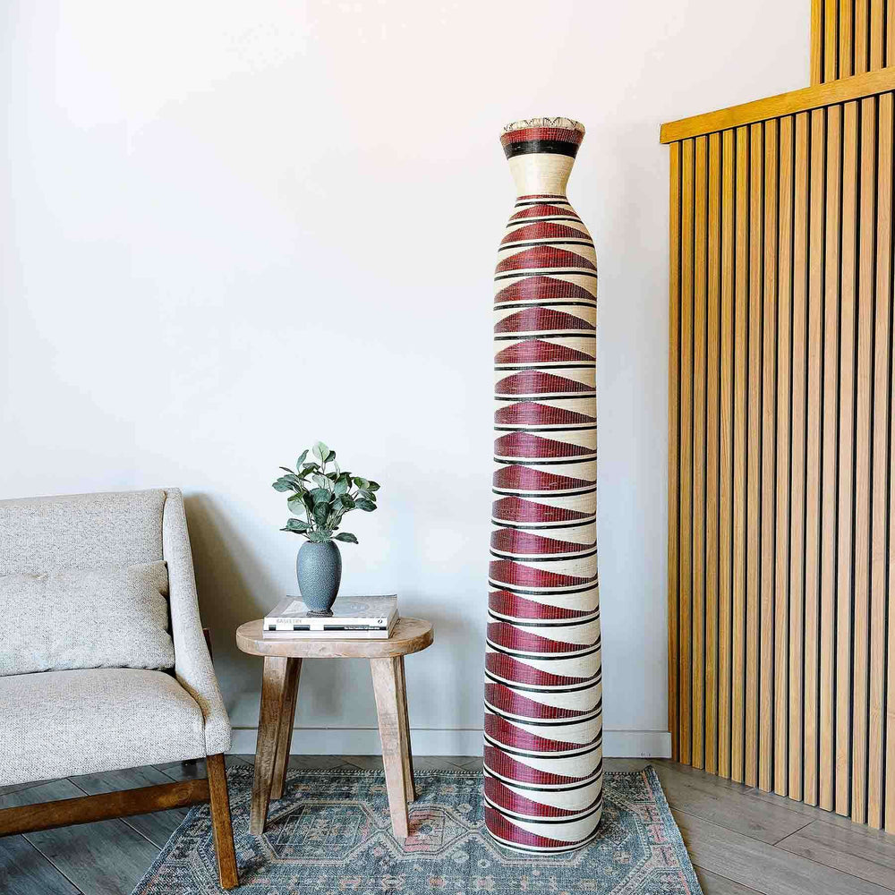 Large decorative Rwandan basket displayed on modern contemporary interior setting