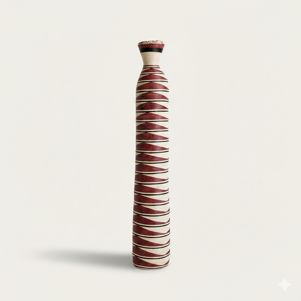 Tall cylindrical woven basket with a red and cream spiral ripple pattern on white