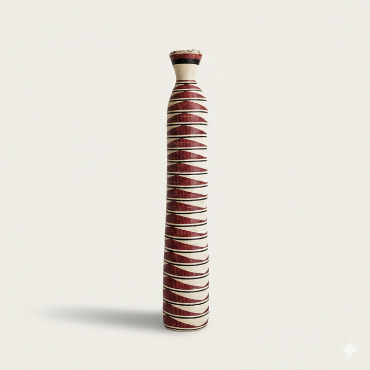 Tall cylindrical woven basket with a red and cream spiral ripple pattern on white