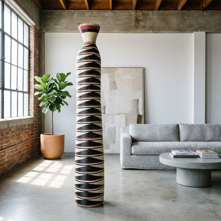 Tall column basket with a black and cream ripple pattern in a loft living room