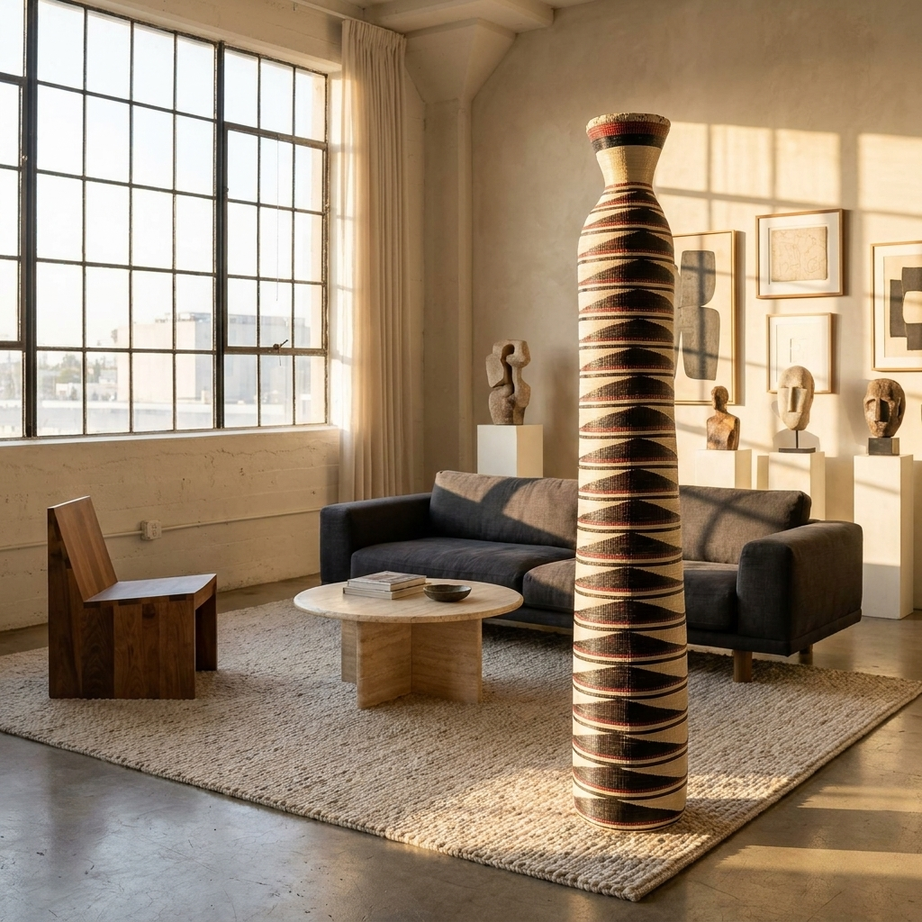 Tall striped column basket standing in a sunlit industrial loft with art
