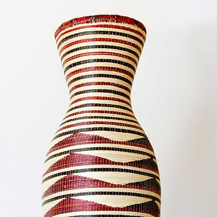 Crimson Rhythm Column Basket - Handwoven Rwanda Art