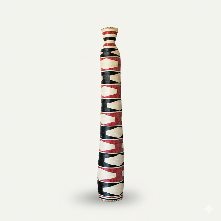 Tall cylindrical woven basket with a bold black, red and cream pattern on white