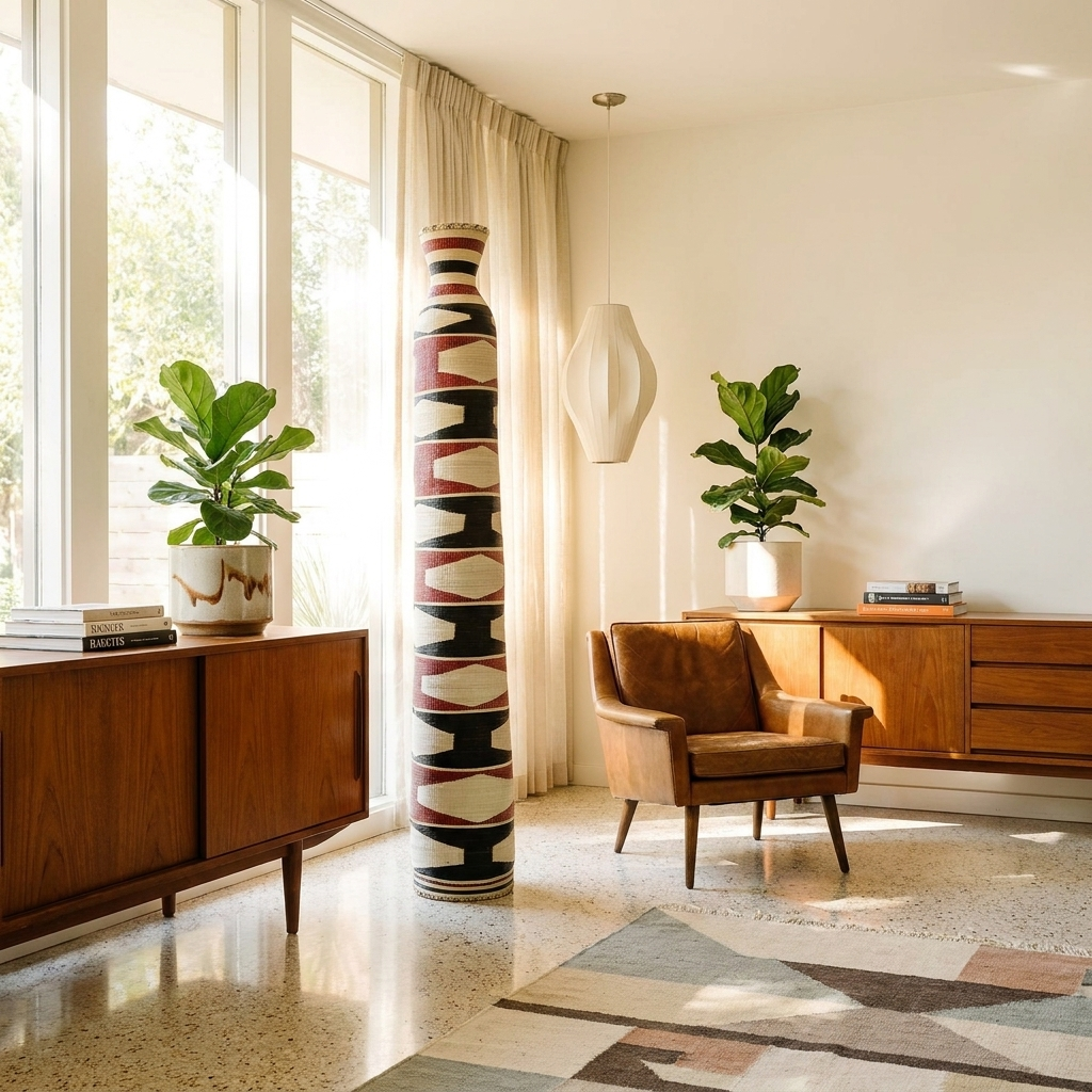 Tall patterned column basket standing on a rug in a mid-century styled room