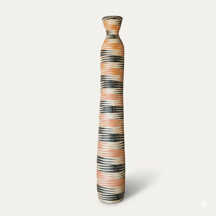 Tall cylindrical woven basket with orange, cream and black striping on white