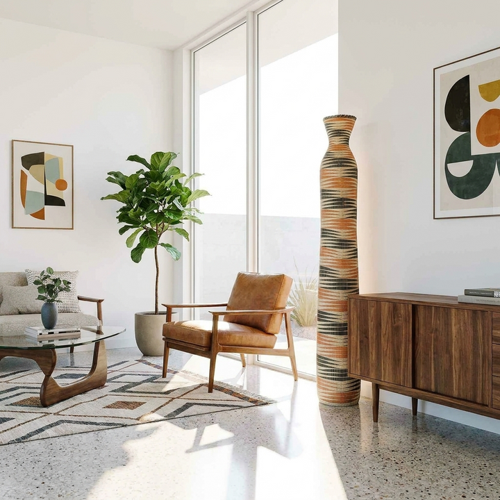 Tall striped column basket standing in a sunlit mid-century living room