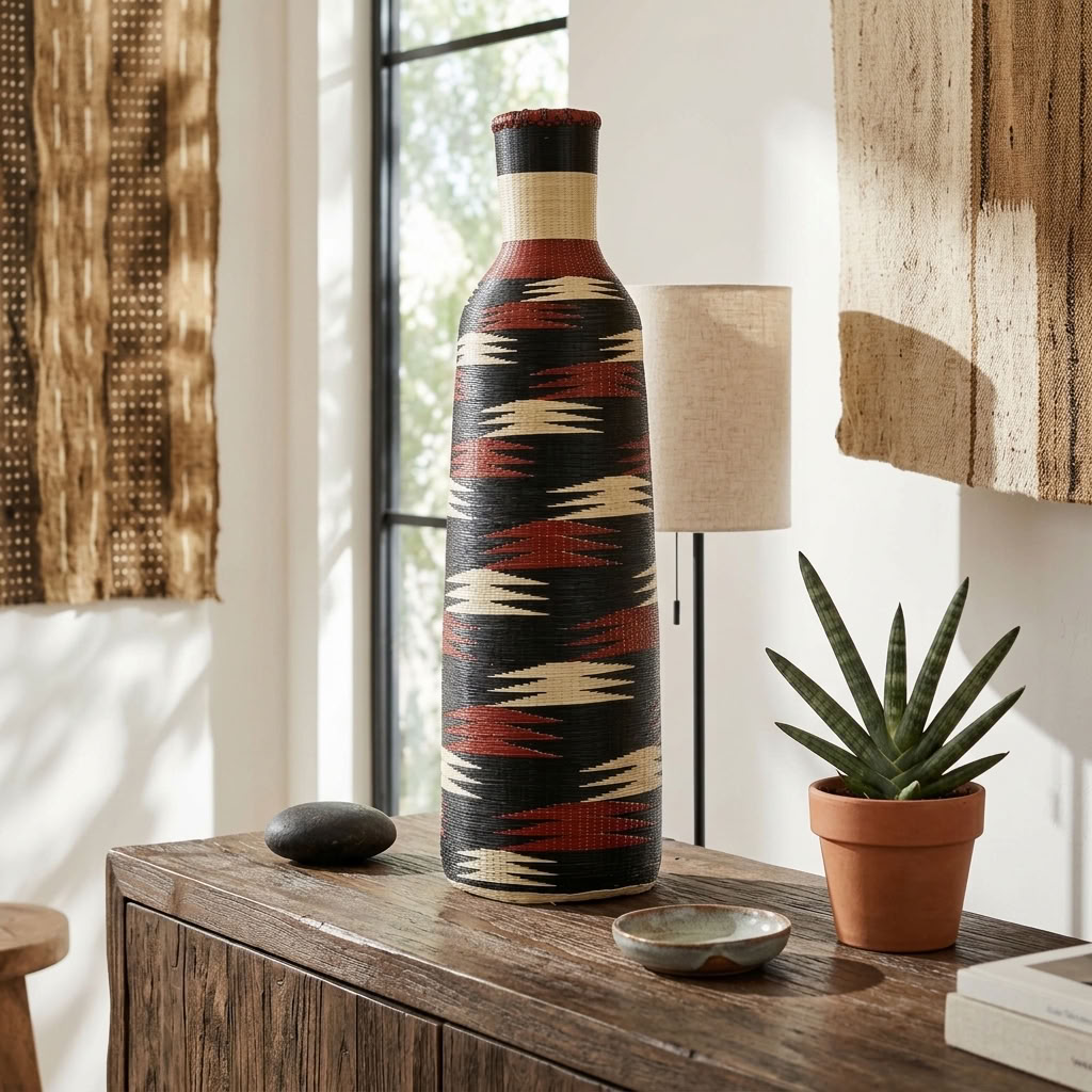 Black Nyanza bottle basket with crimson and cream flashes styled in an interior