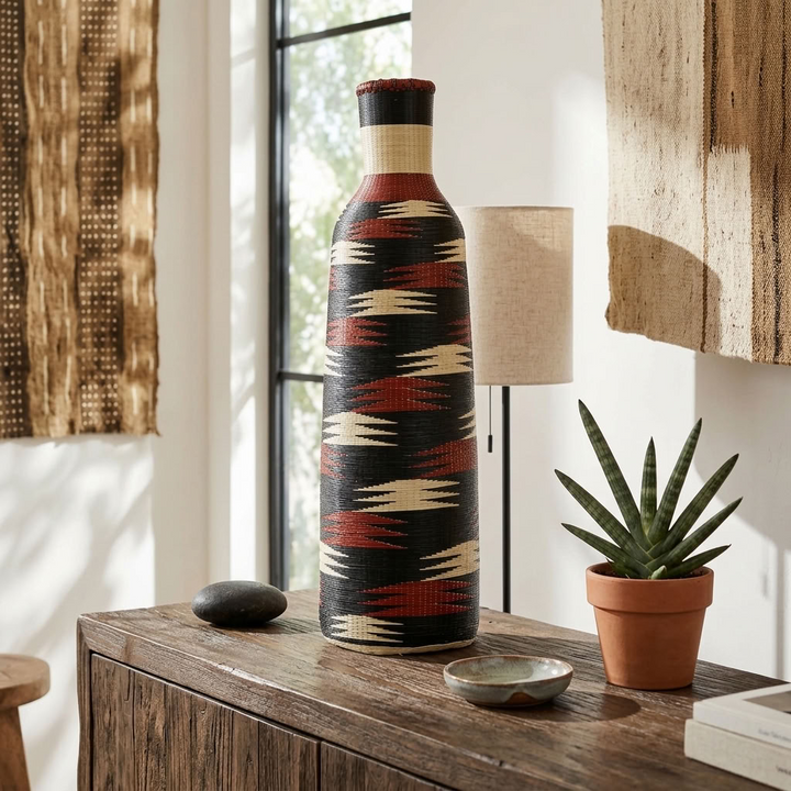 Black Nyanza bottle basket with crimson and cream flashes styled in an interior