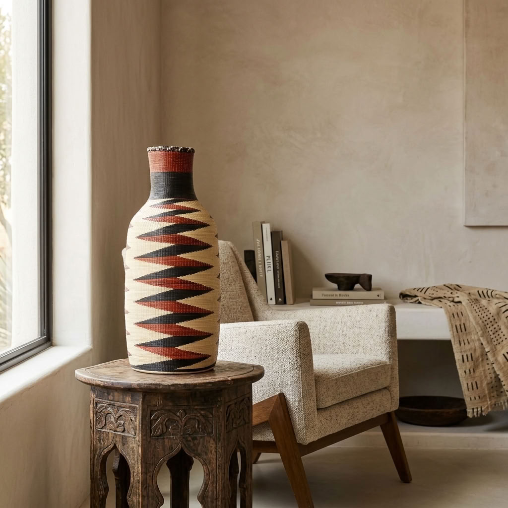 Red and black zigzag Nyanza bottle basket styled in an interior