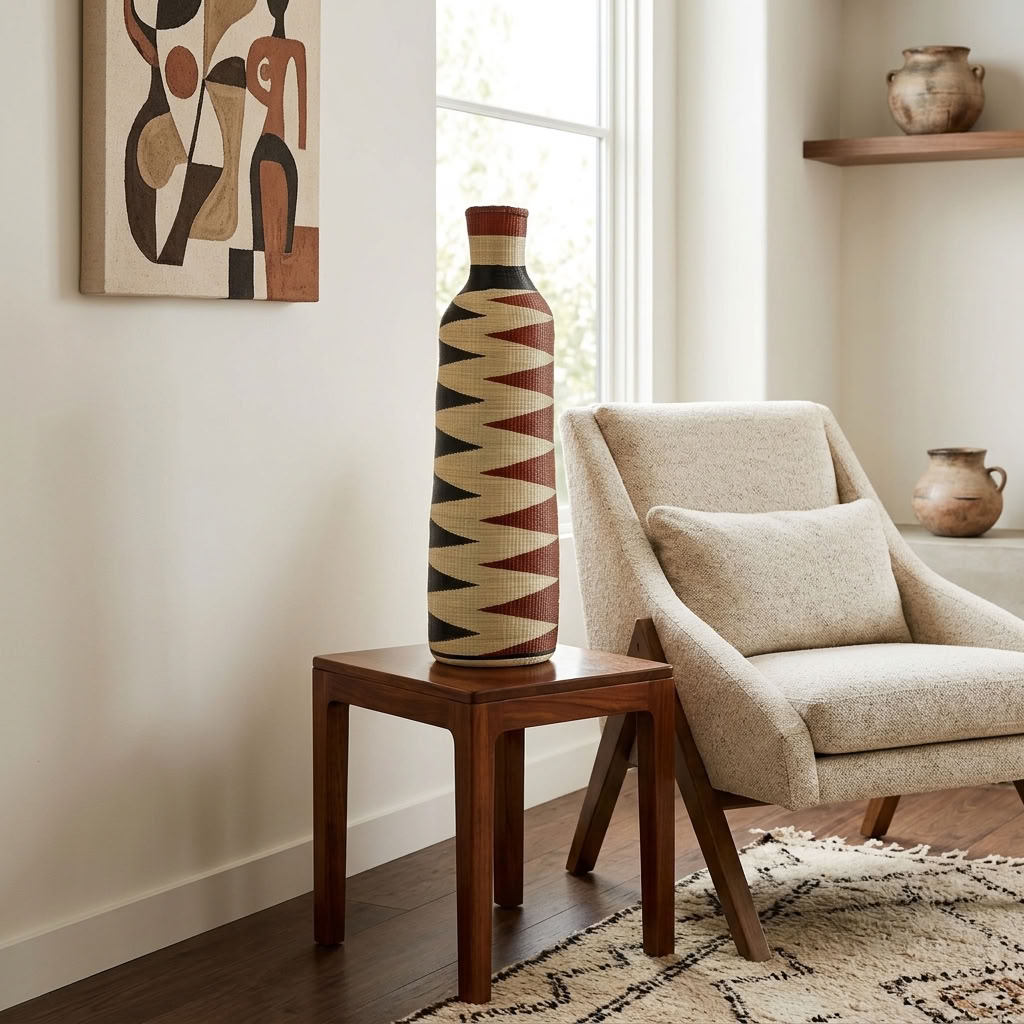Red and black sawtooth Nyanza bottle basket styled in an interior