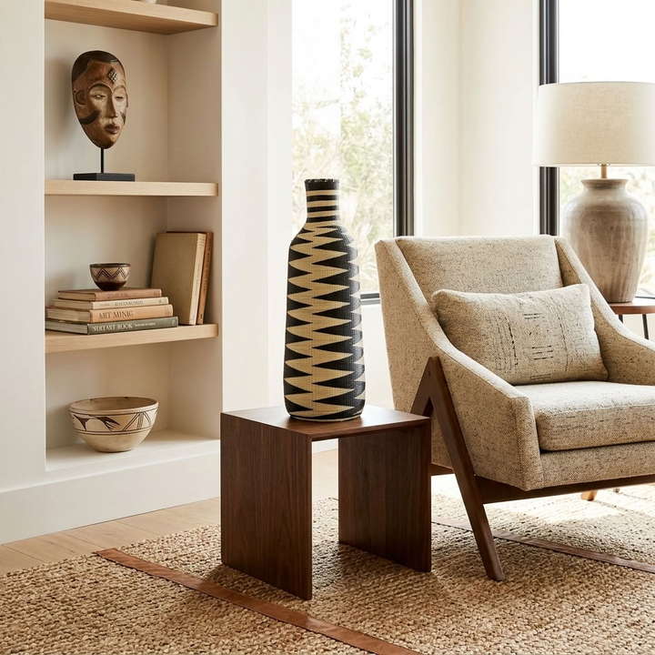Black and cream sawtooth Nyanza bottle basket styled in an interior