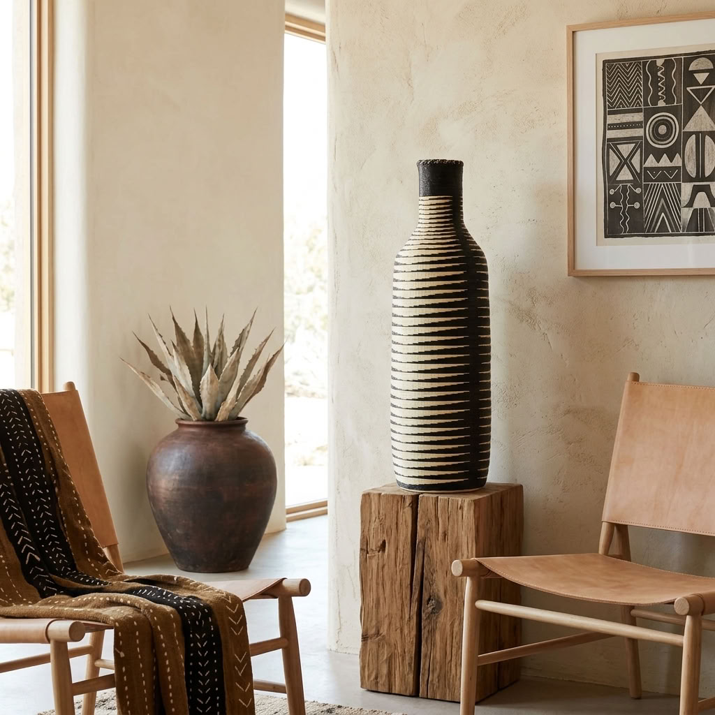Black and cream ripple Nyanza bottle basket styled in an interior