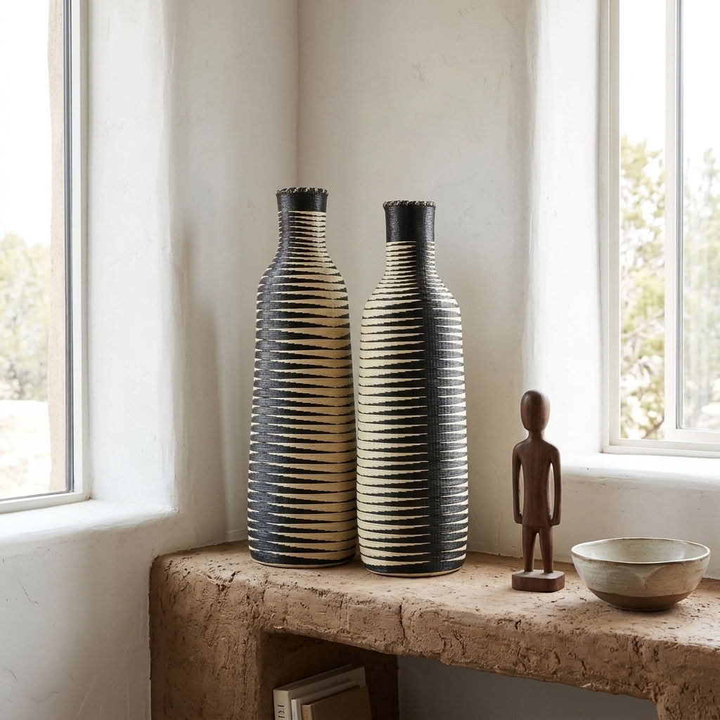 Two black and cream Nyanza bottle baskets styled together