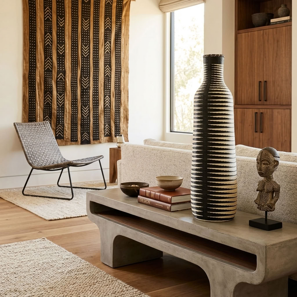 Black and cream striped Nyanza bottle basket styled in an interior
