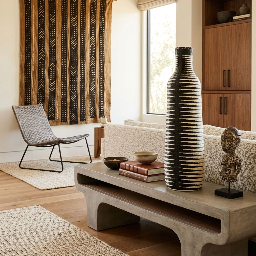 Black and cream striped Nyanza bottle basket styled in an interior
