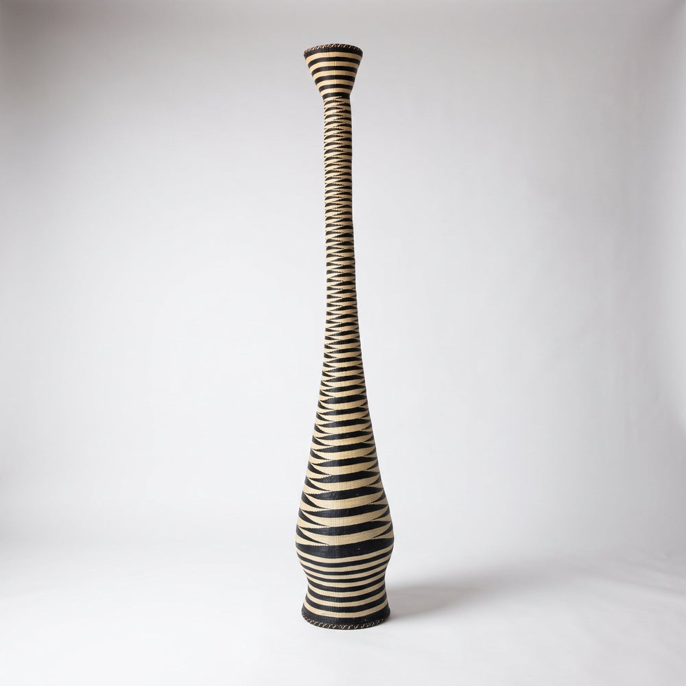 Black and cream ripple tower basket, alternate angle on soft white studio background